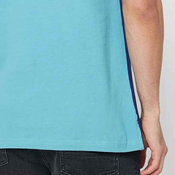 Bold Colour Block Polo T-Shirt – White, Aqua, and Blue Tri-Panel Design - Image 3