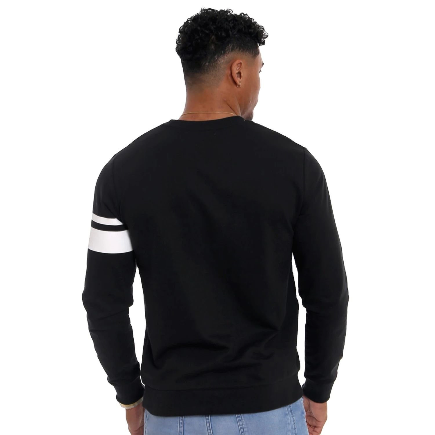 Minimalist Black Crewneck Sweatshirt with Bold White Double Stripe Arm Detail - Image 2