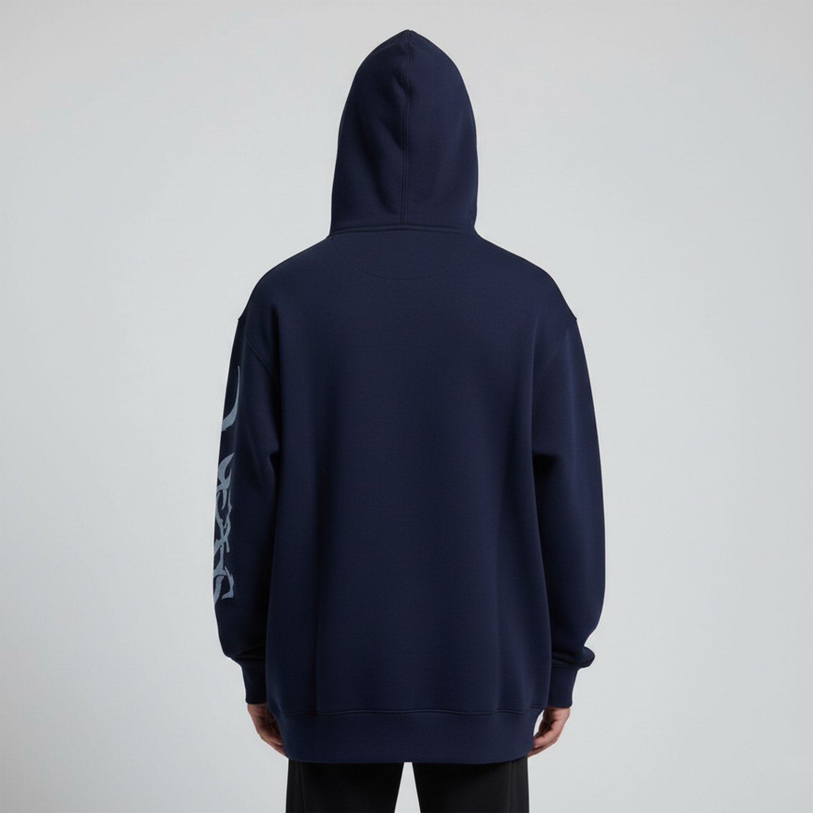 Oversized Navy Blue Full-Zip Hoodie with Distressed Cross and Logo Graphic - Image 3