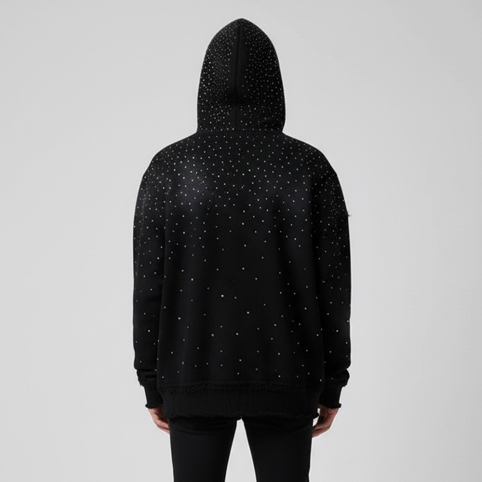 Heavyweight Black Rhinestone Full-Zip Hoodie – Distressed Starry Effect - Image 3