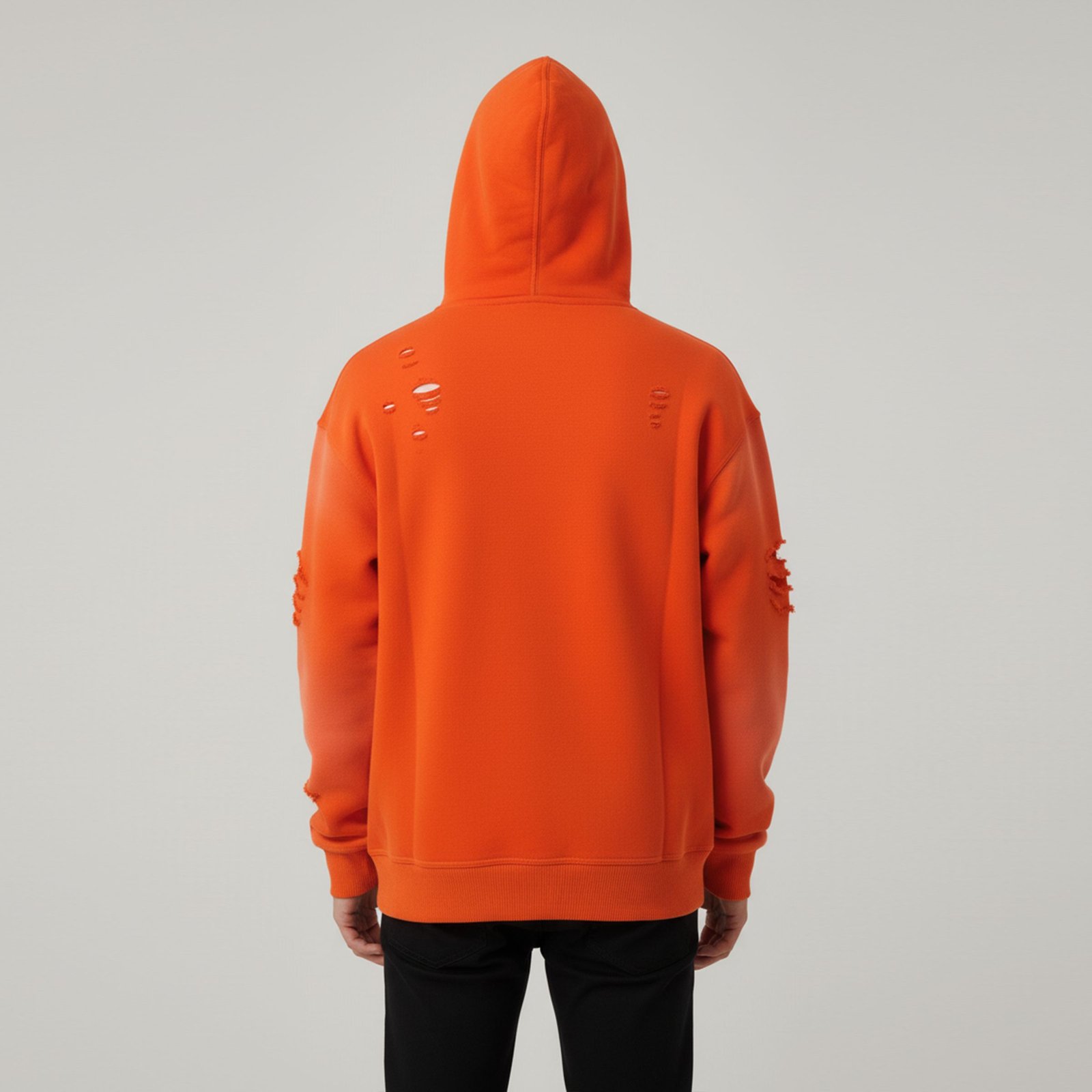 Bold Distressed Orange Full-Zip Hoodie with Studded Graphics and Ripped Sleeves - Image 3