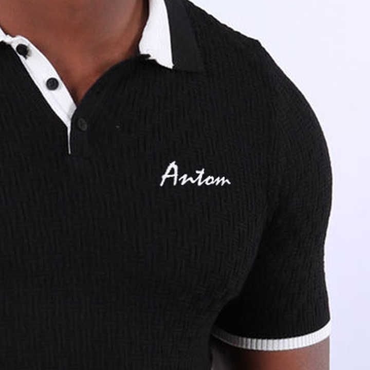 Men's Ribbed Black Polo T-Shirt with Crisp White Collar Trim - Image 3