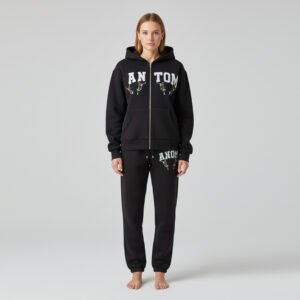 Monochromatic Black Zip-Up Track Suit – Contrast Logo Graphic