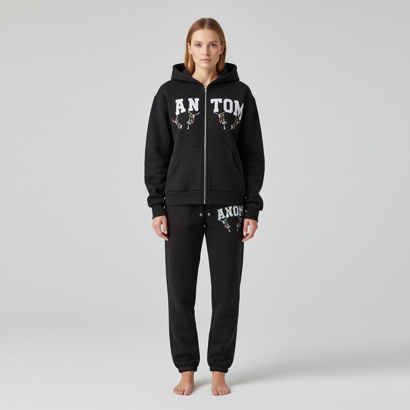 Monochromatic Black Zip-Up Track Suit – Contrast Logo Graphic