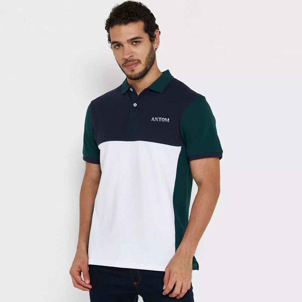 Sharp Tri-Colour Block Polo Shirt – Navy, White, and Dark Green Contrast