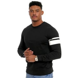 Minimalist Black Crewneck Sweatshirt with Bold White Double Stripe Arm Detail