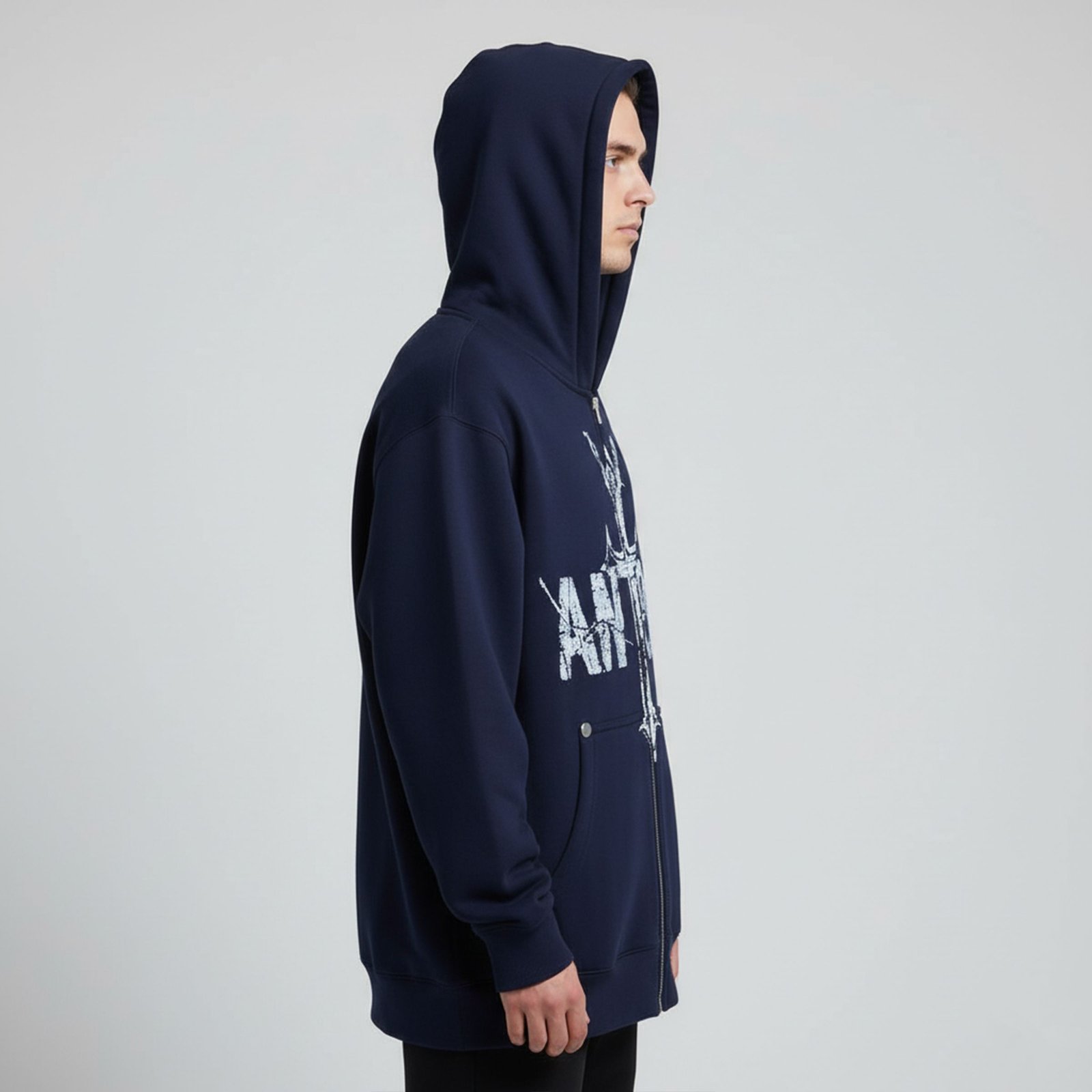 Oversized Navy Blue Full-Zip Hoodie with Distressed Cross and Logo Graphic - Image 2