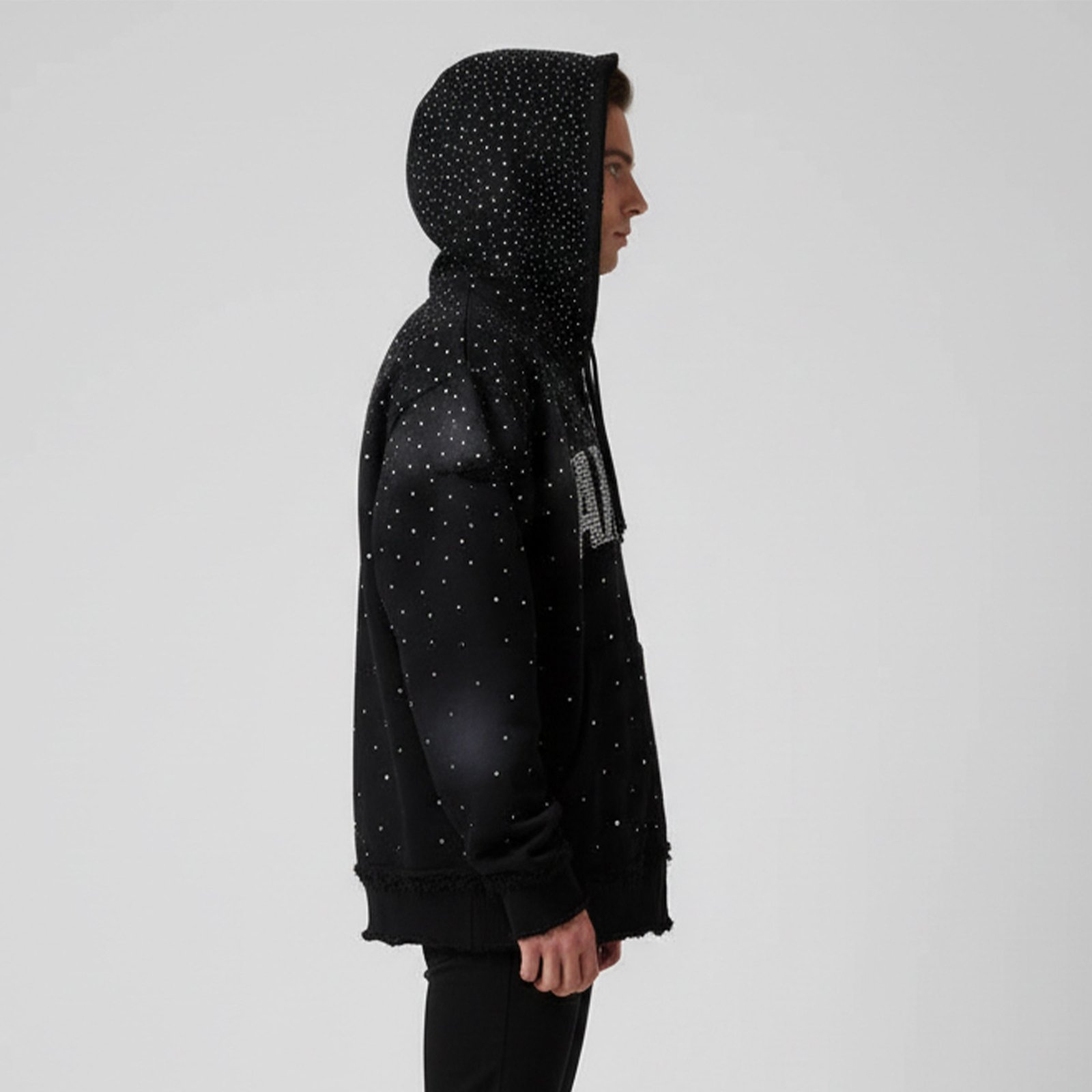 Heavyweight Black Rhinestone Full-Zip Hoodie – Distressed Starry Effect - Image 2