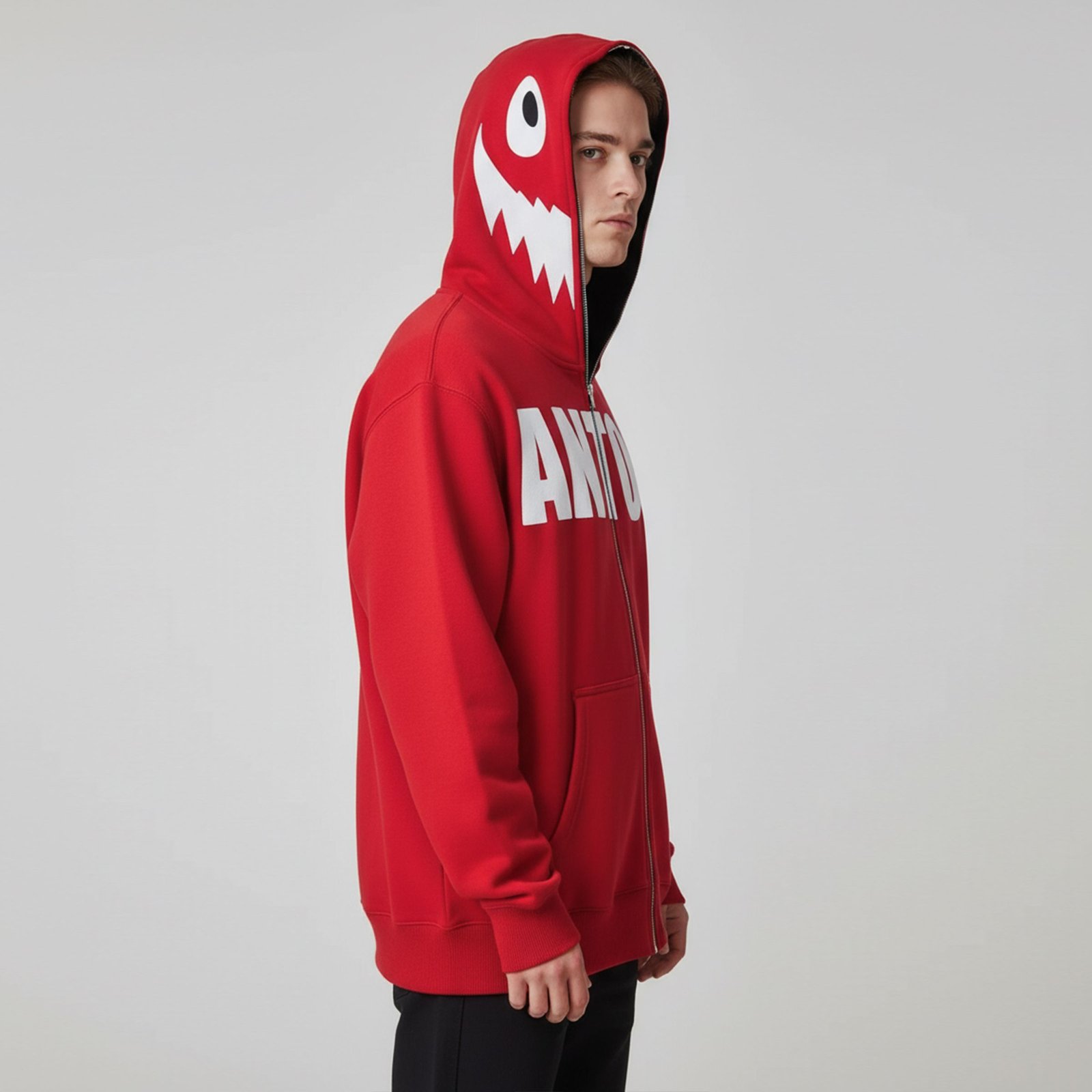 Aggressive Red Full-Zip Hoodie with White Shark Teeth Hood Design - Image 2