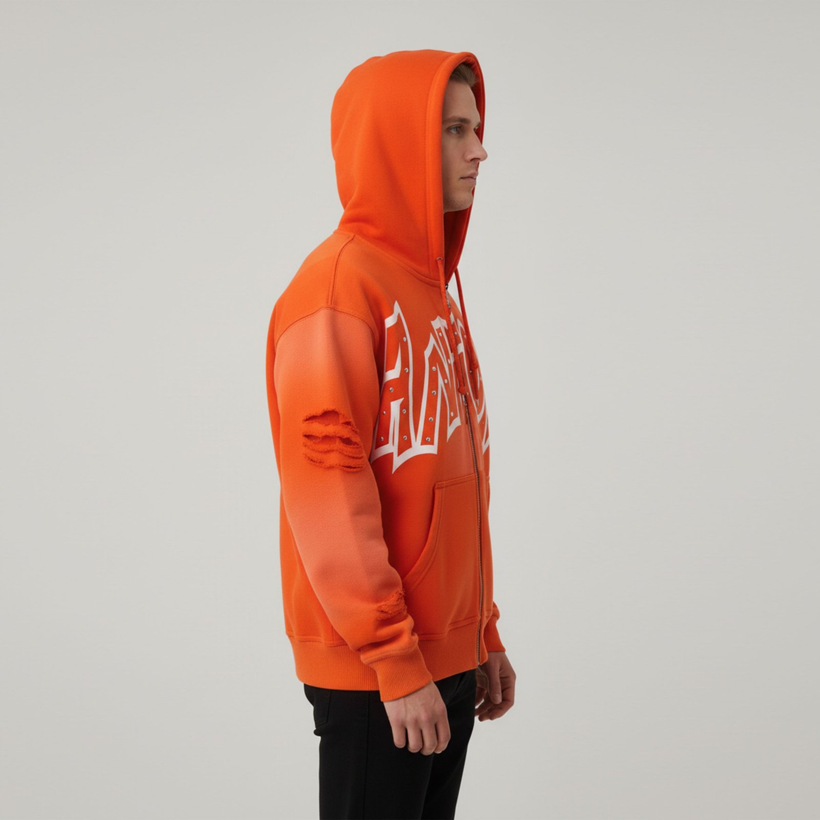 Bold Distressed Orange Full-Zip Hoodie with Studded Graphics and Ripped Sleeves - Image 2