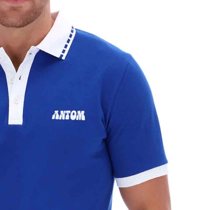Men's Royal Blue Pique Knit Polo Shirt with Contrast White Collar and Cuffs - Image 3
