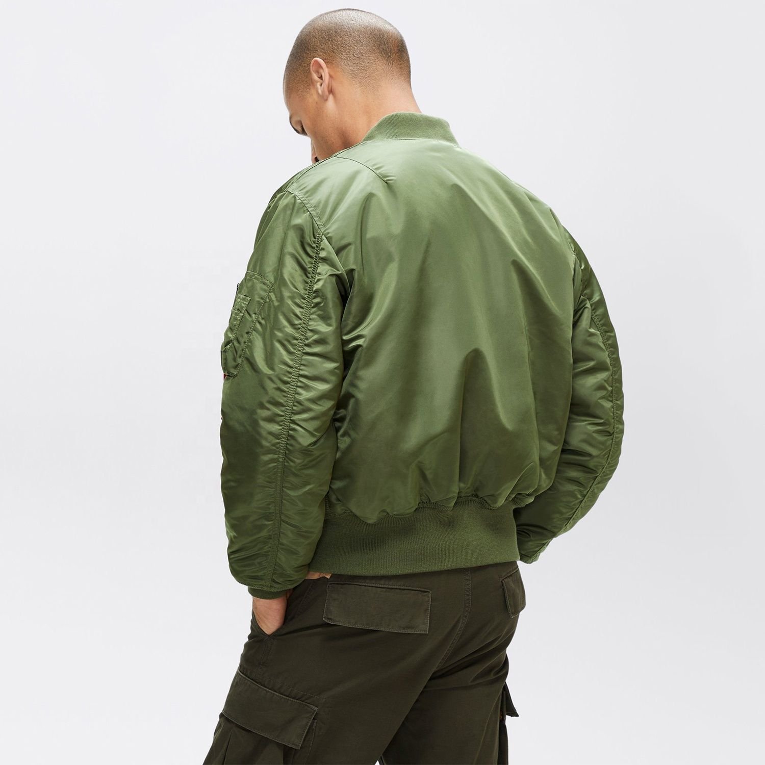 Classic Men's Sage Green Quilted-Lining Bomber Jacket with Utility Tag - Image 2