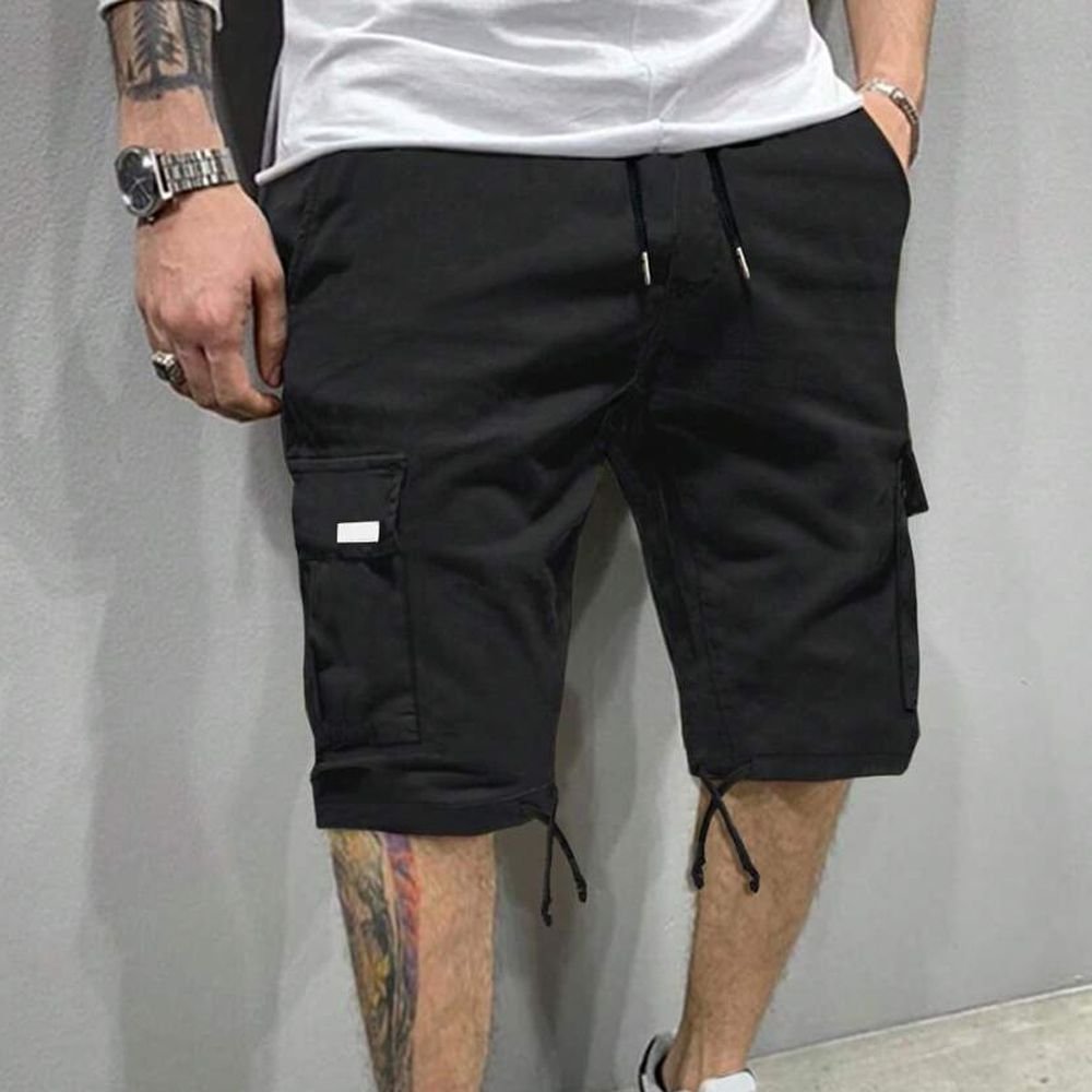 Tactical Black Cargo Shorts with Drawstring Hem and Utility Pockets