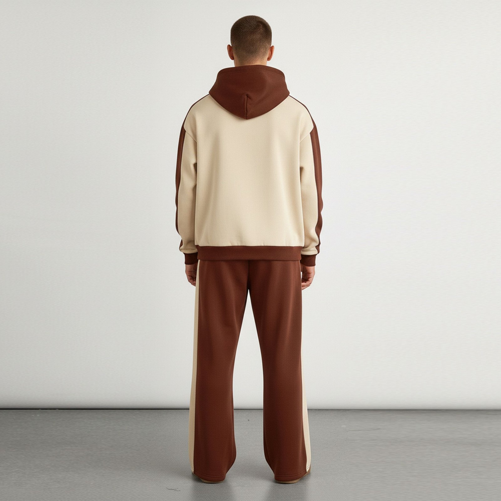 Contrast Color Block Hooded Tracksuit – Mocha Brown and Beige Comfort Set - Image 3