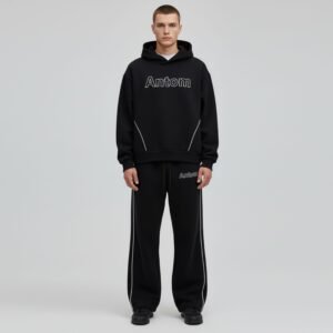 Sleek Black Drop-Shoulder Hooded Tracksuit with White Piped Contrast