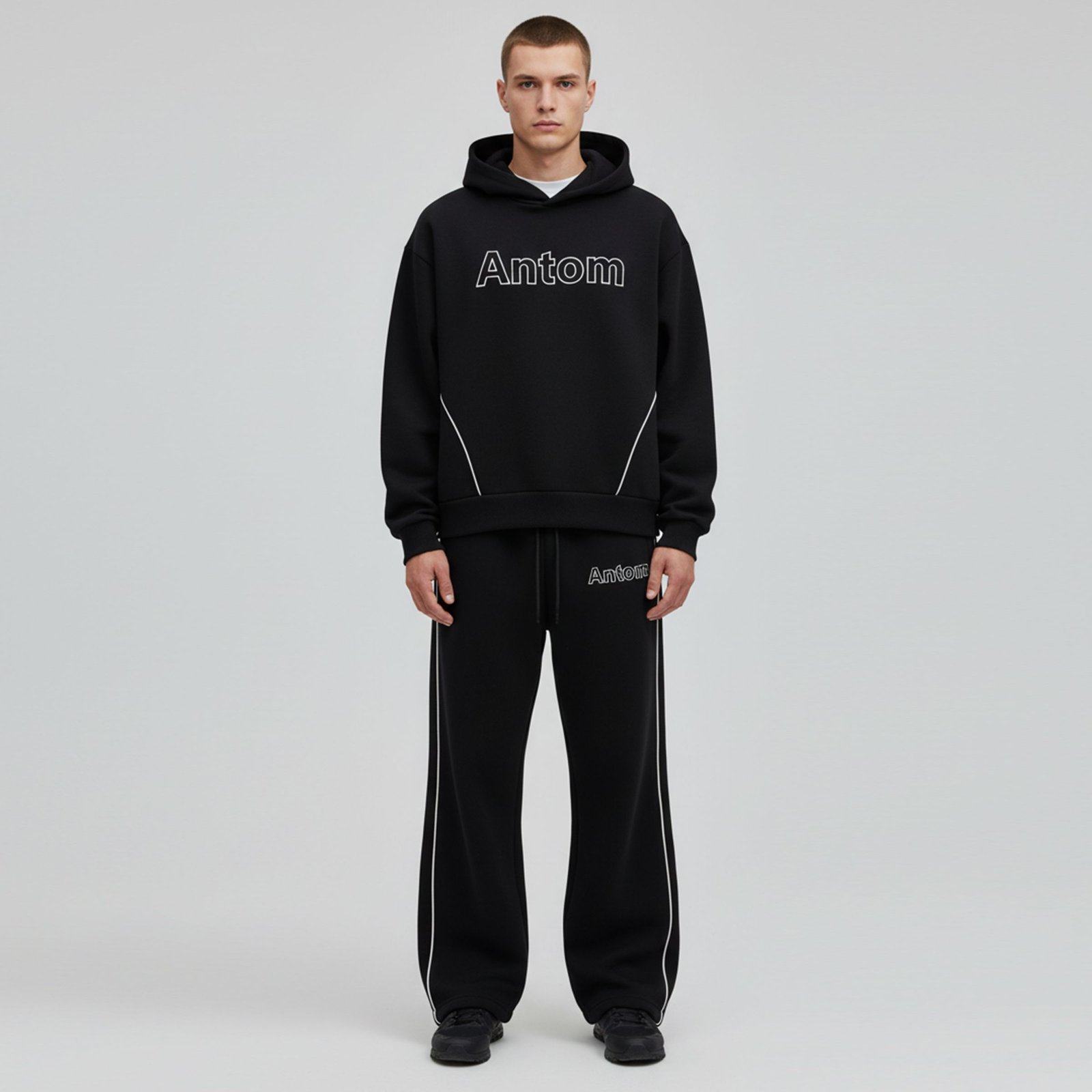 Sleek Black Drop-Shoulder Hooded Tracksuit with White Piped Contrast