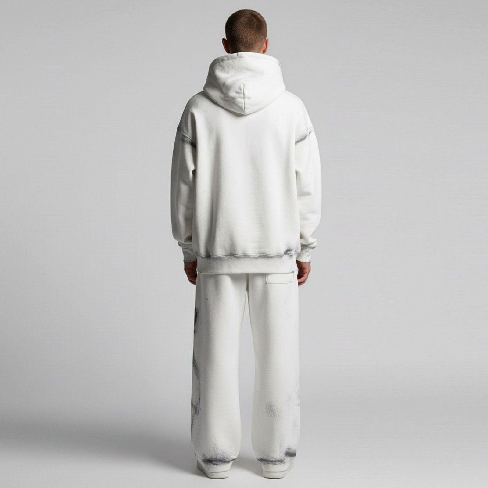 Oversized Washed White Tracksuit – Distressed Look Hoodie and Wide-Leg Set - Image 3