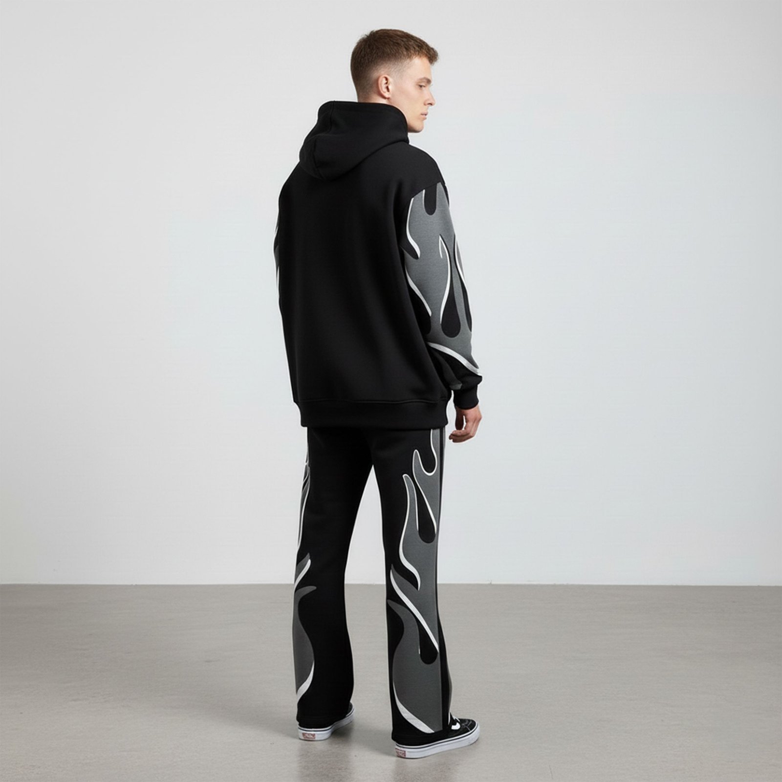 Aggressive Flame Graphic Oversized Tracksuit – Black and Grey Statement Set - Image 3