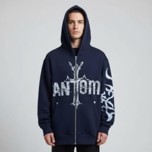 Oversized Navy Blue Full-Zip Hoodie with Distressed Cross and Logo Graphic