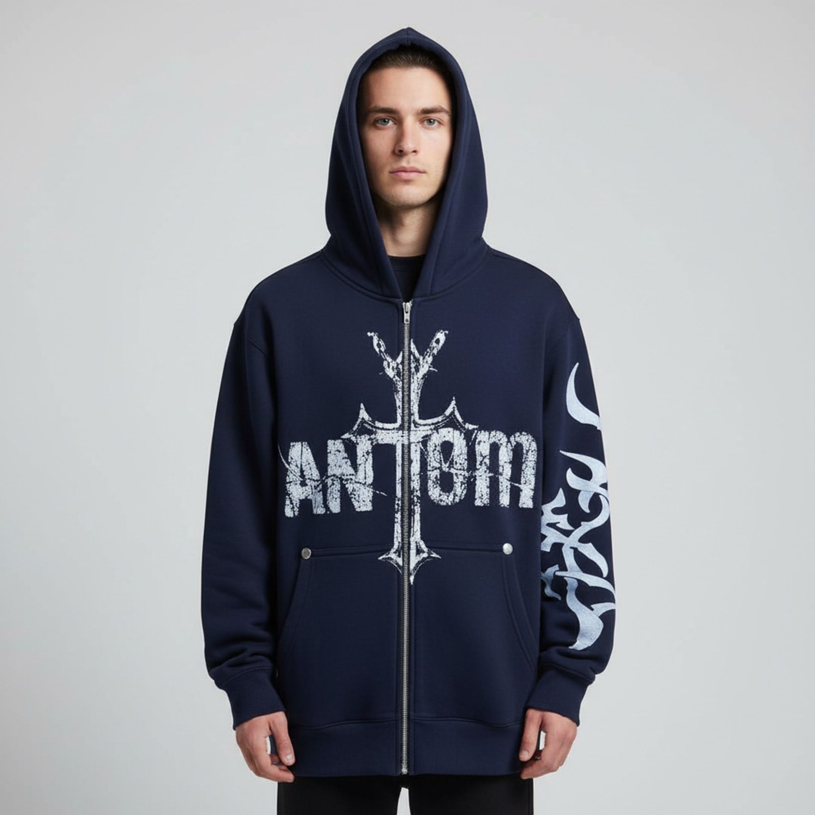 Oversized Navy Blue Full-Zip Hoodie with Distressed Cross and Logo Graphic