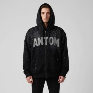 Heavyweight Black Rhinestone Full-Zip Hoodie – Distressed Starry Effect