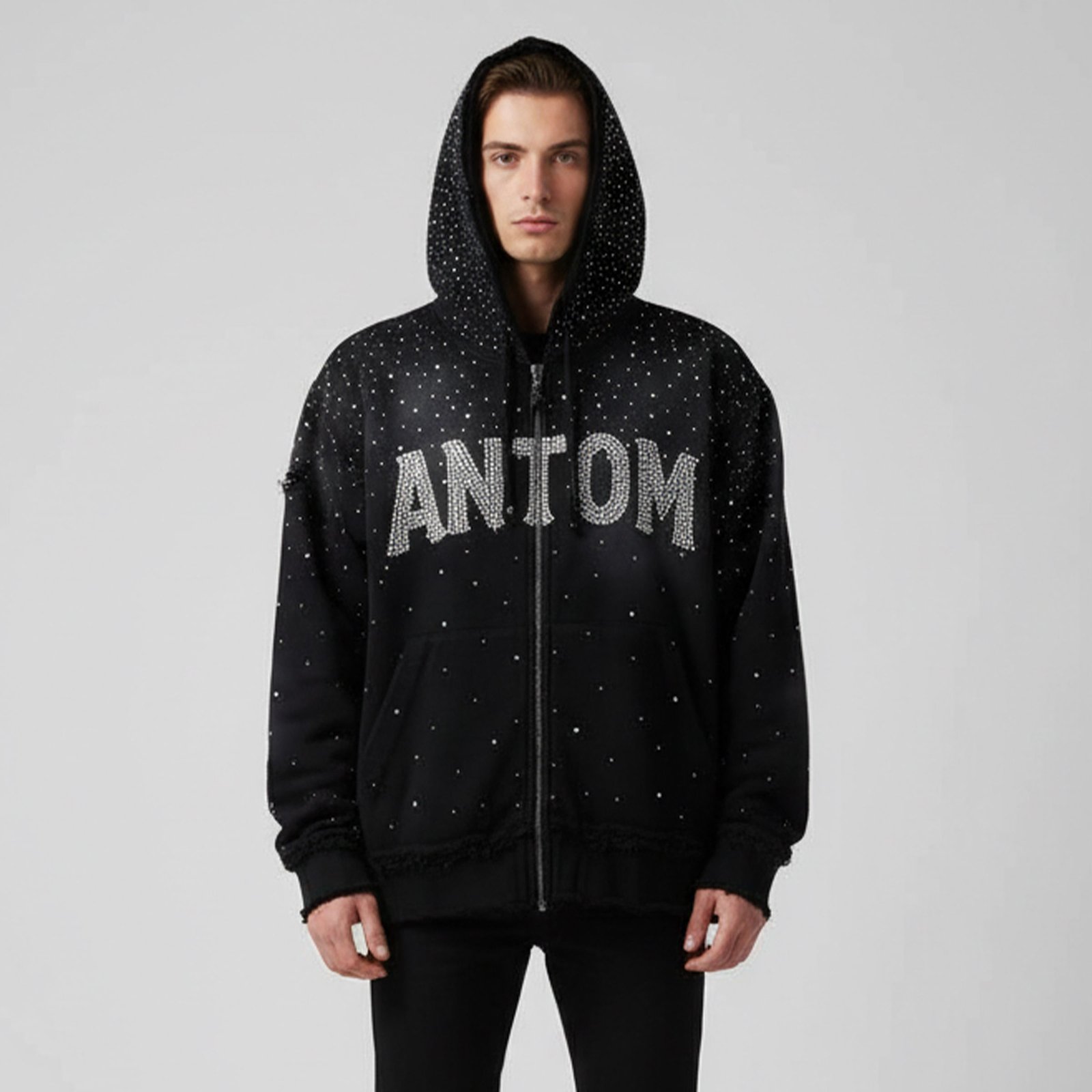 Heavyweight Black Rhinestone Full-Zip Hoodie – Distressed Starry Effect