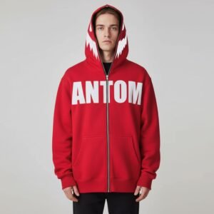 Aggressive Red Full-Zip Hoodie with White Shark Teeth Hood Design