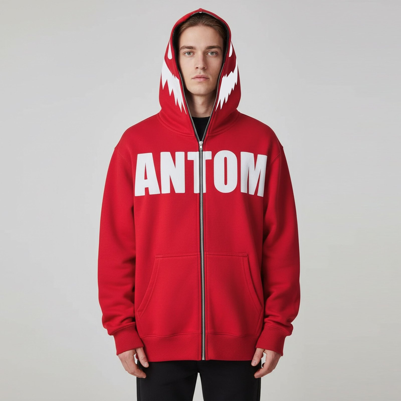 Aggressive Red Full-Zip Hoodie with White Shark Teeth Hood Design
