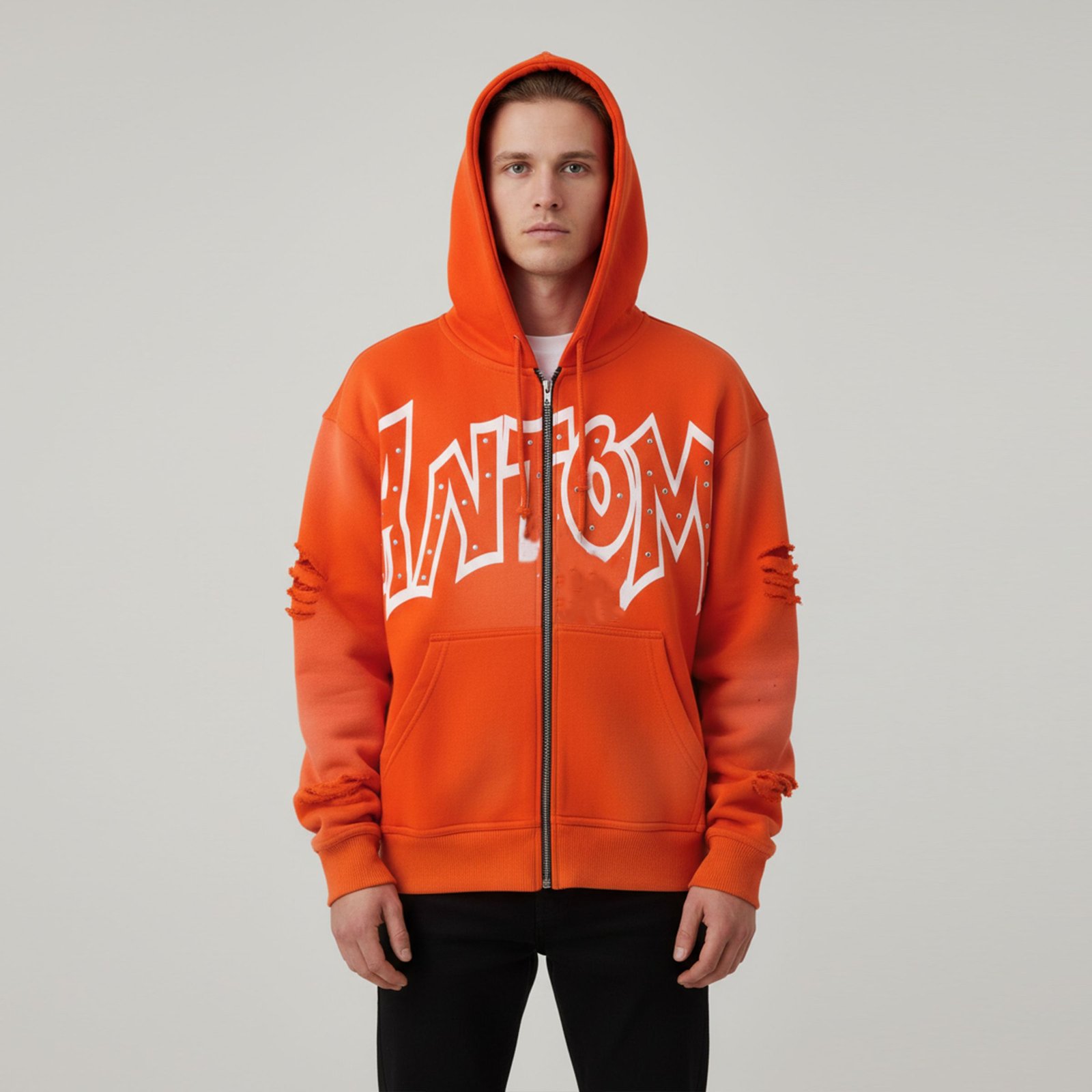Bold Distressed Orange Full-Zip Hoodie with Studded Graphics and Ripped Sleeves