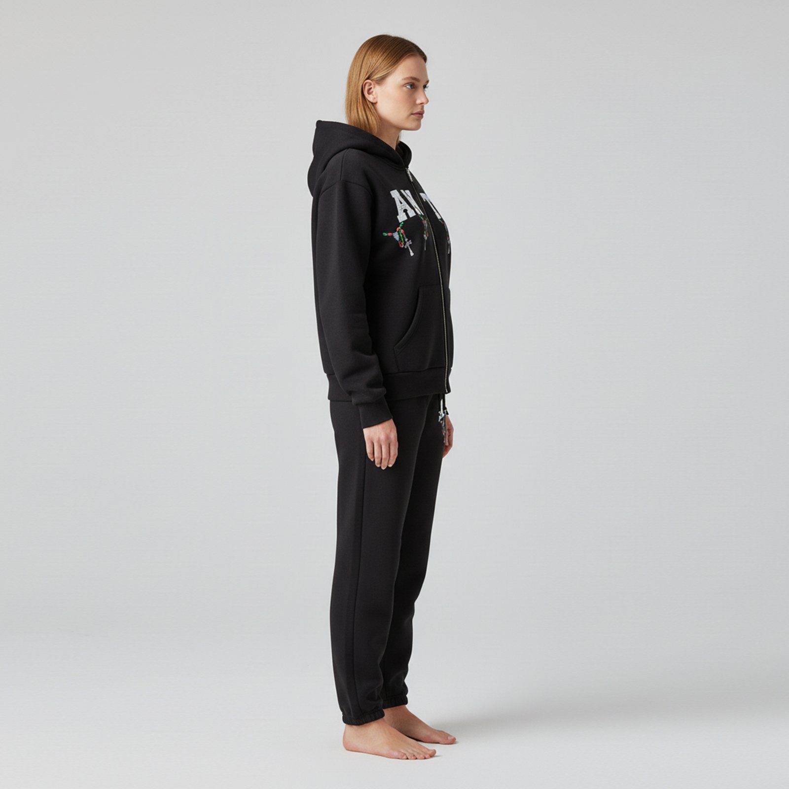 Monochromatic Black Zip-Up Track Suit – Contrast Logo Graphic - Image 2