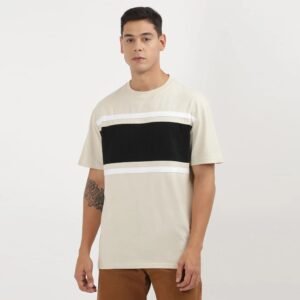 Men's Beige Cotton T-Shirt with Horizontal Black and White Chest Block