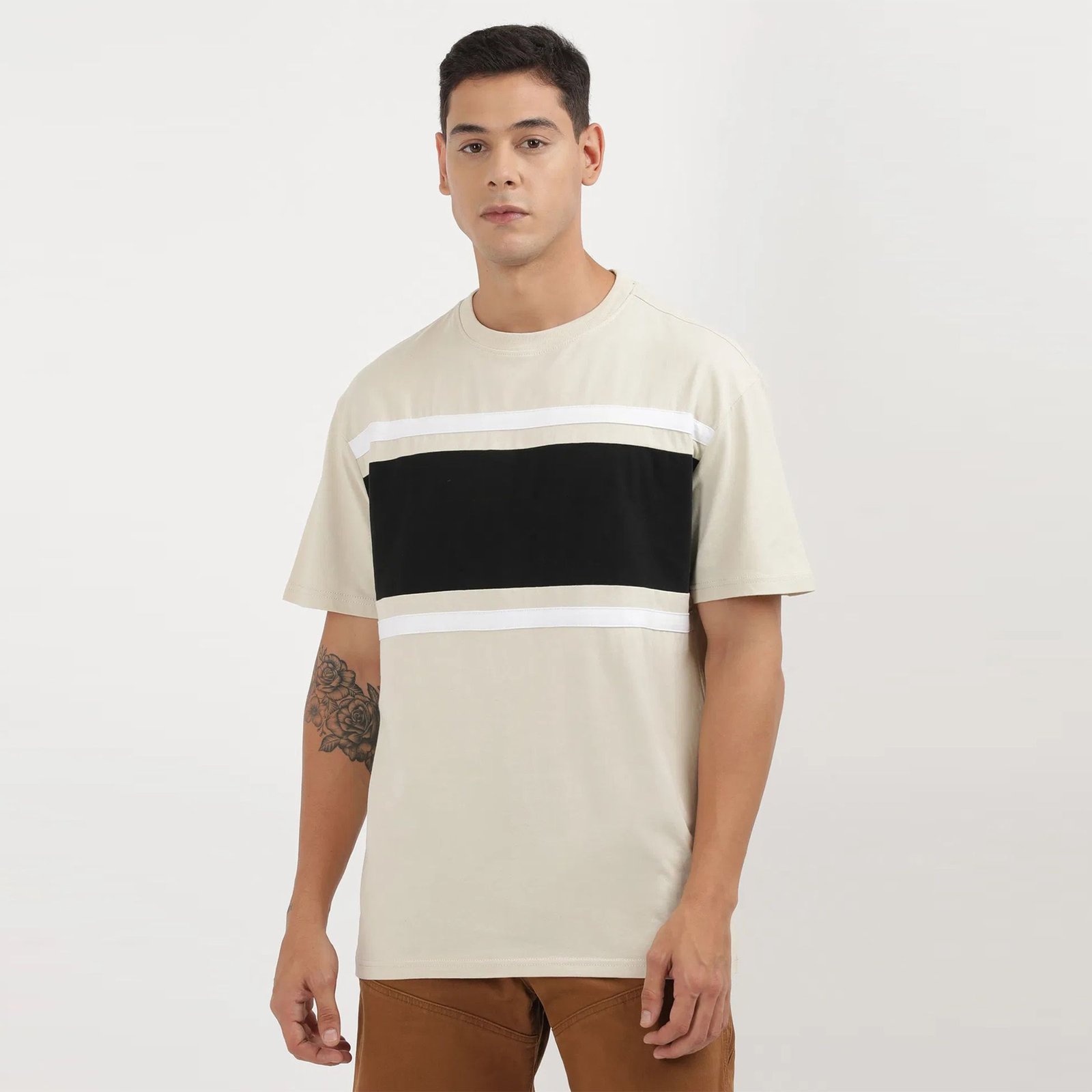 Men's Beige Cotton T-Shirt with Horizontal Black and White Chest Block