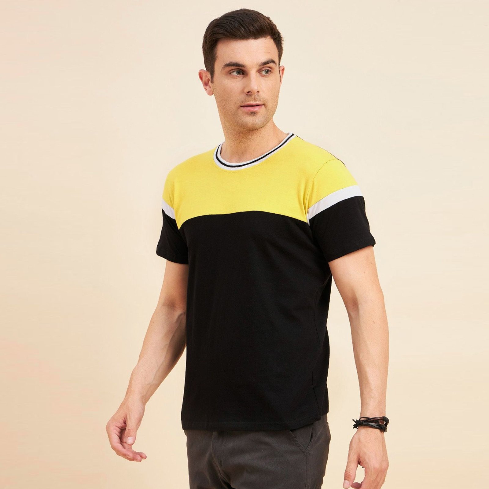 Contrast Panel Black and Yellow Cotton T-Shirt with White Piping Detail - Image 2