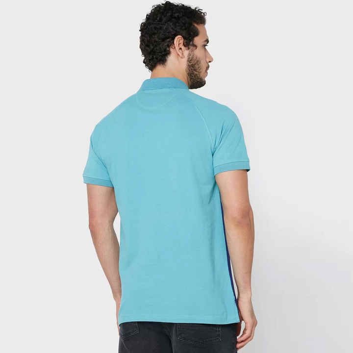 Bold Colour Block Polo T-Shirt – White, Aqua, and Blue Tri-Panel Design - Image 2