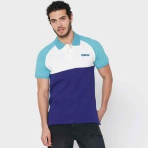 Bold Colour Block Polo T-Shirt – White, Aqua, and Blue Tri-Panel Design