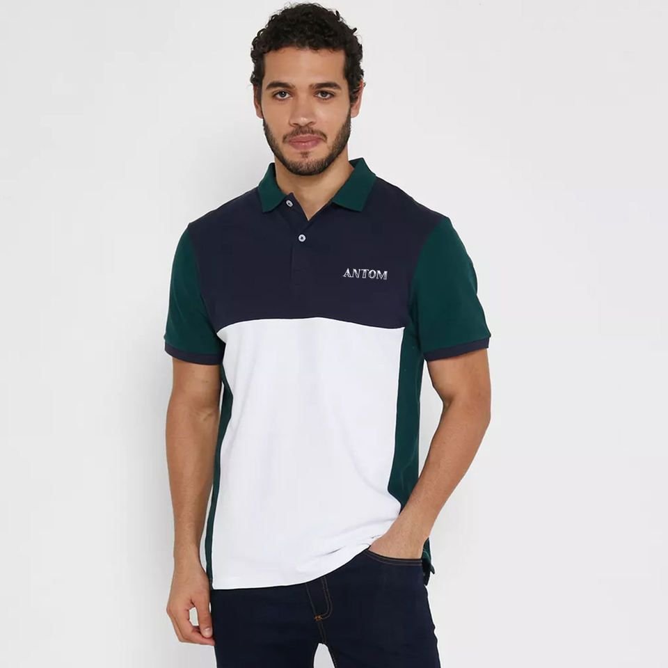 Sharp Tri-Colour Block Polo Shirt – Navy, White, and Dark Green Contrast - Image 2