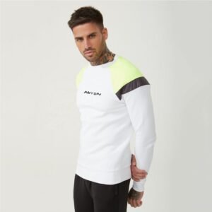 Sporty White Sweatshirt with Neon Yellow and Black Colour Block Raglan Sleeves
