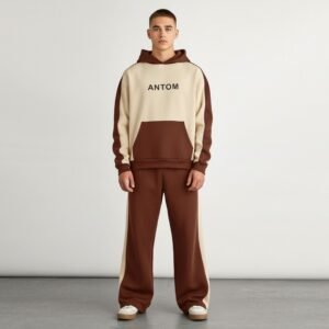 Contrast Color Block Hooded Tracksuit – Mocha Brown and Beige Comfort Set