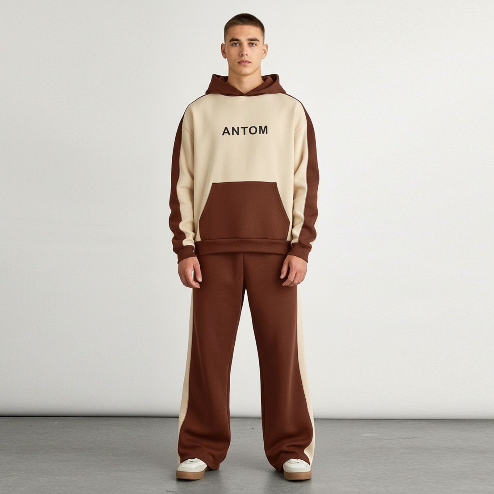 Contrast Color Block Hooded Tracksuit – Mocha Brown and Beige Comfort Set