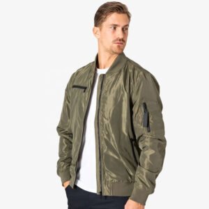 Men's Olive Green Shiny Pilot Bomber Jacket with Zip Utility Pockets