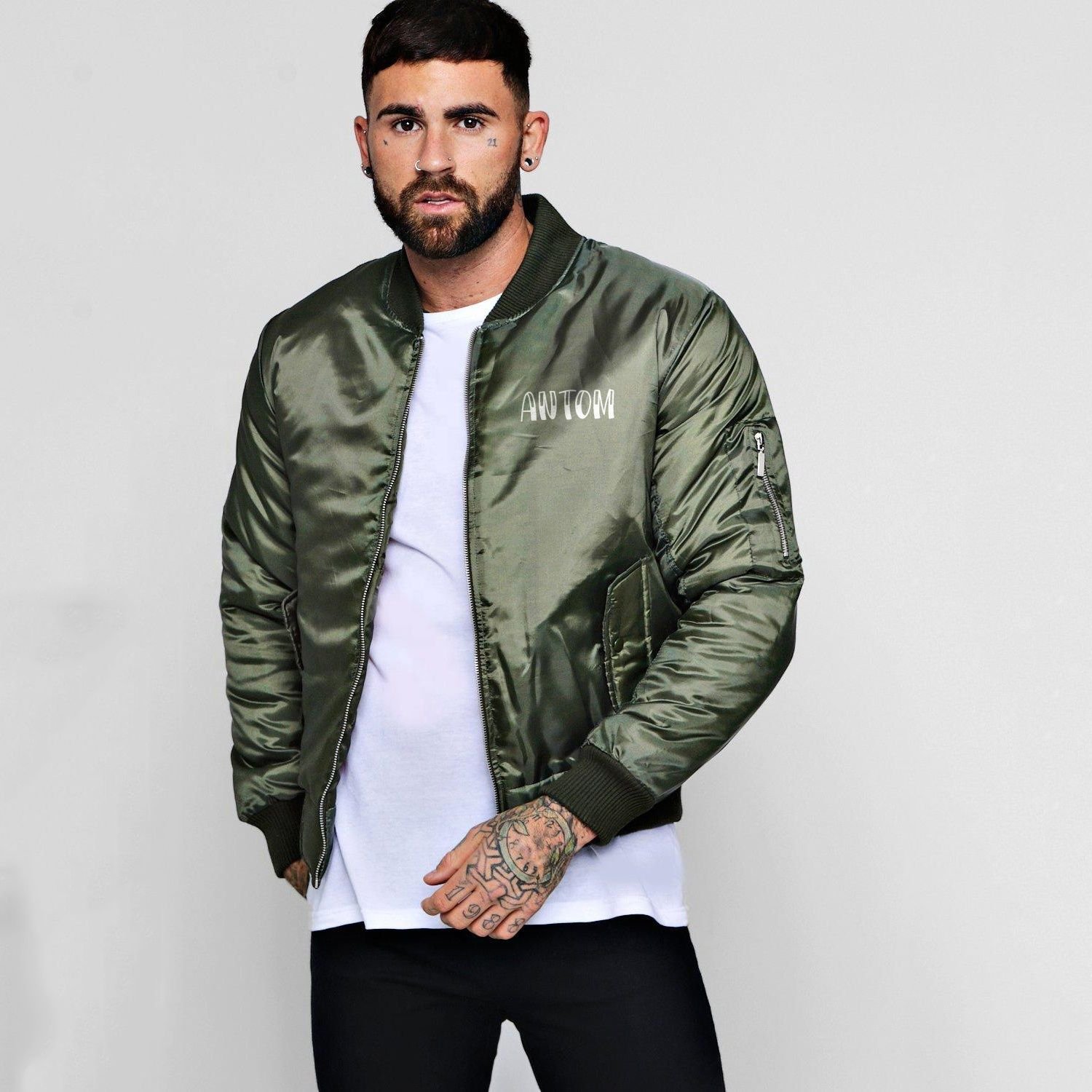 Authentic Military-Style Khaki Green Padded Bomber Jacket with Sleeve Pocket