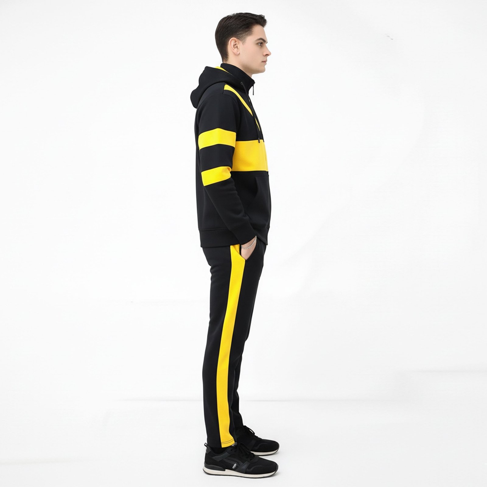 High-Visibility Black and Yellow Color Block Performance Tracksuit Set - Image 3
