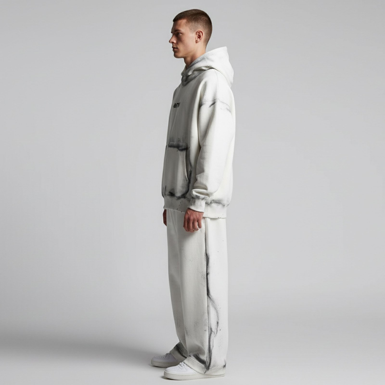 Oversized Washed White Tracksuit – Distressed Look Hoodie and Wide-Leg Set - Image 2