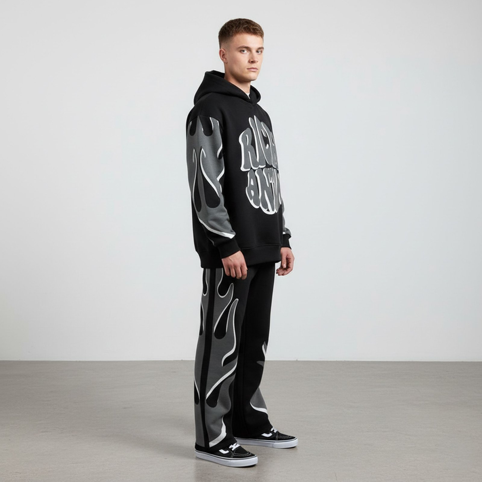 Aggressive Flame Graphic Oversized Tracksuit – Black and Grey Statement Set - Image 2