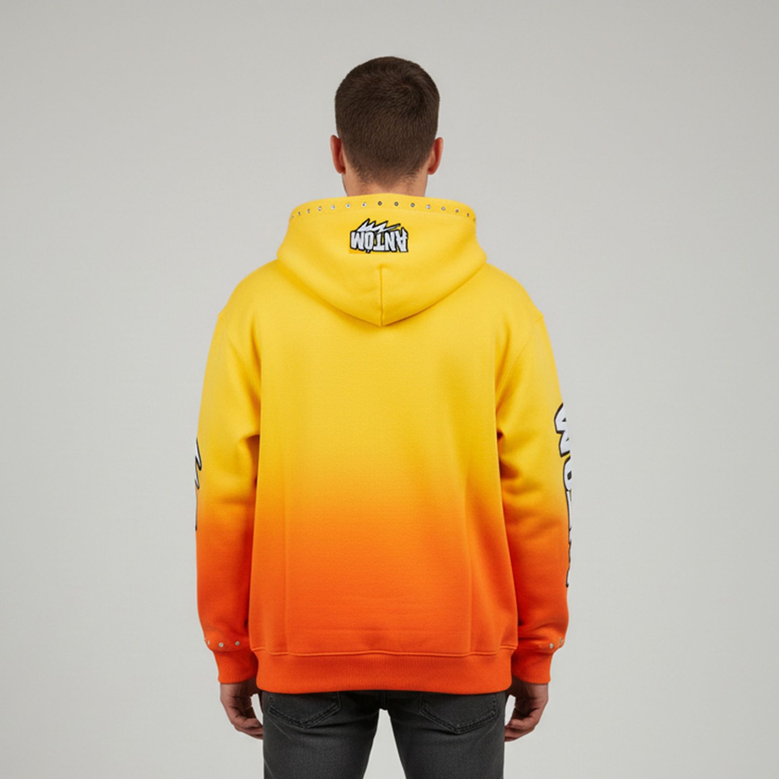 Ombre Sunset Yellow and Orange Full-Zip Hoodie with Studded Pockets and Graphic Sleeves - Image 2