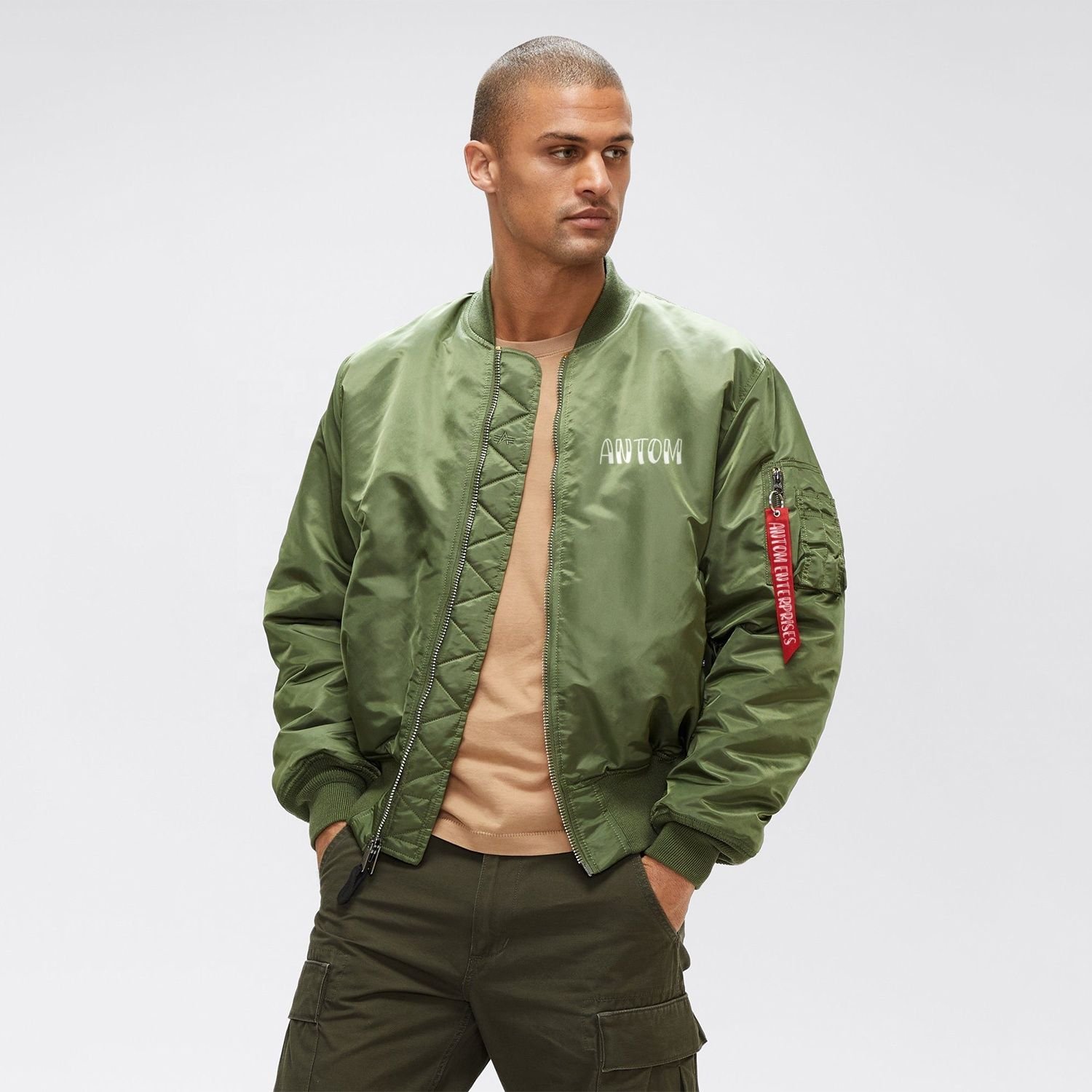 Classic Men's Sage Green Quilted-Lining Bomber Jacket with Utility Tag
