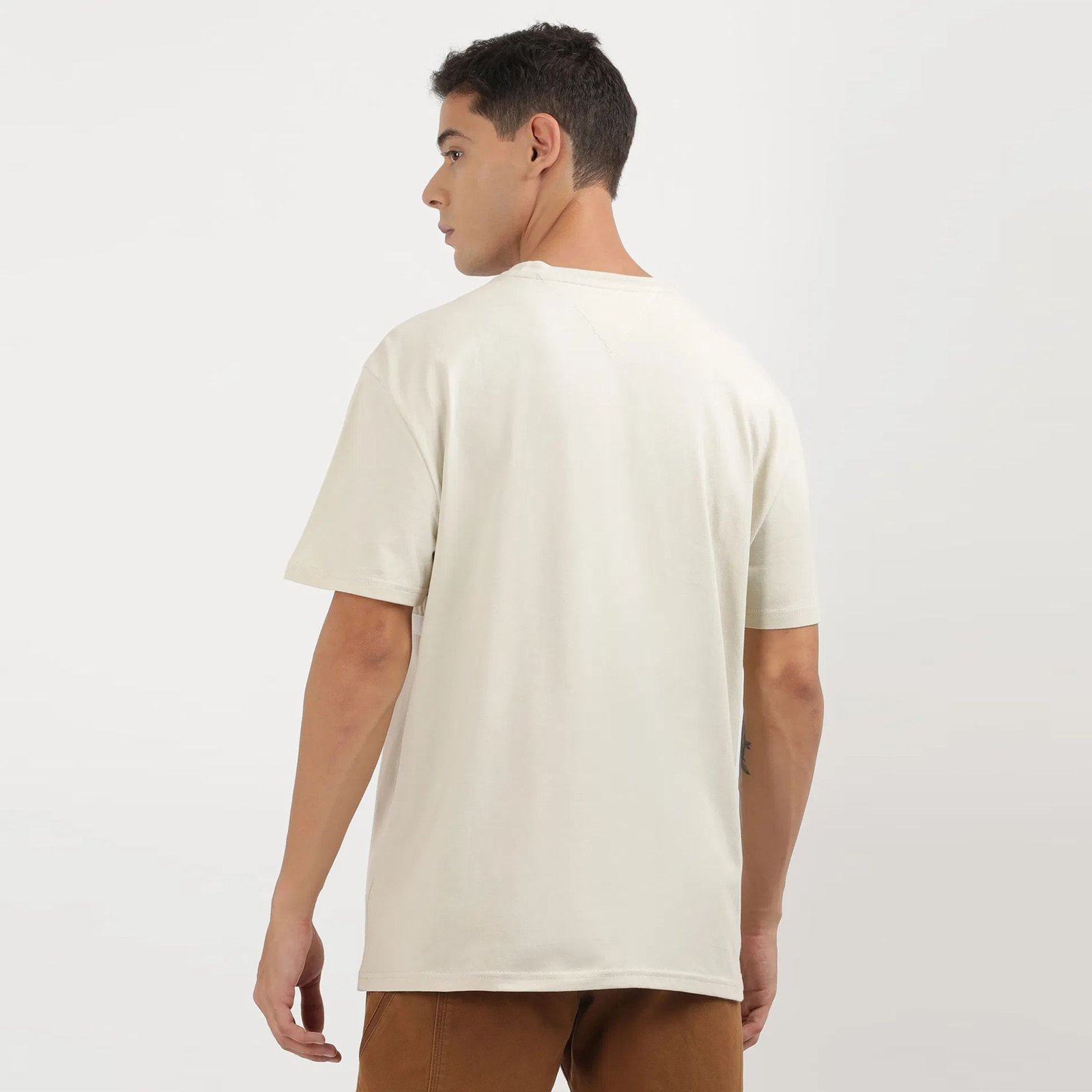 Men's Beige Cotton T-Shirt with Horizontal Black and White Chest Block - Image 2