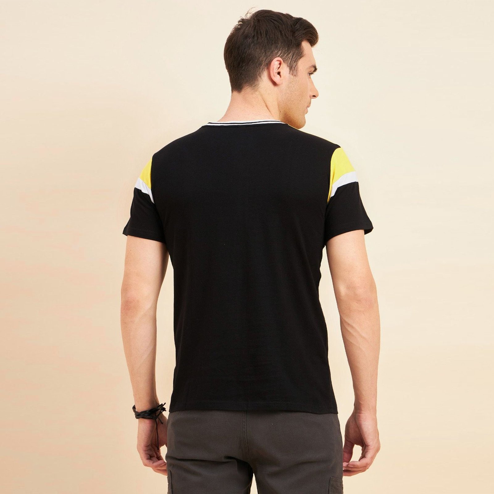 Contrast Panel Black and Yellow Cotton T-Shirt with White Piping Detail - Image 3