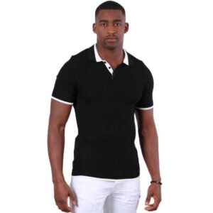 Men's Ribbed Black Polo T-Shirt with Crisp White Collar Trim