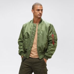 Classic Men's Sage Green Quilted-Lining Bomber Jacket with Utility Tag